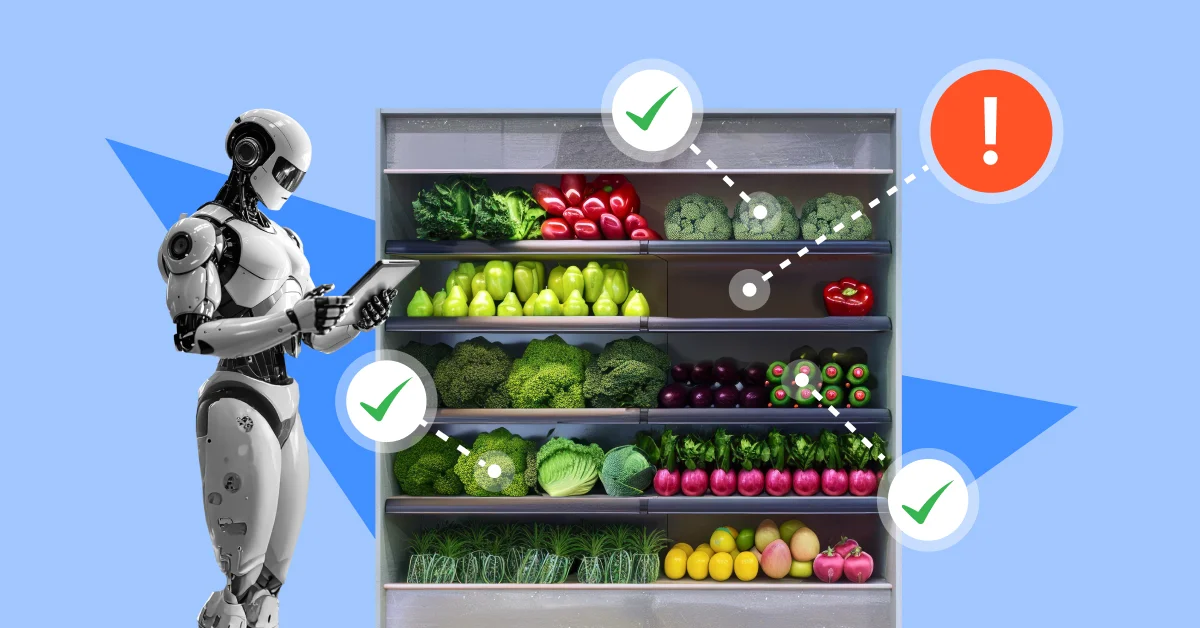 Robot inspecting vegetable shelf in a store — automated inventory monitoring