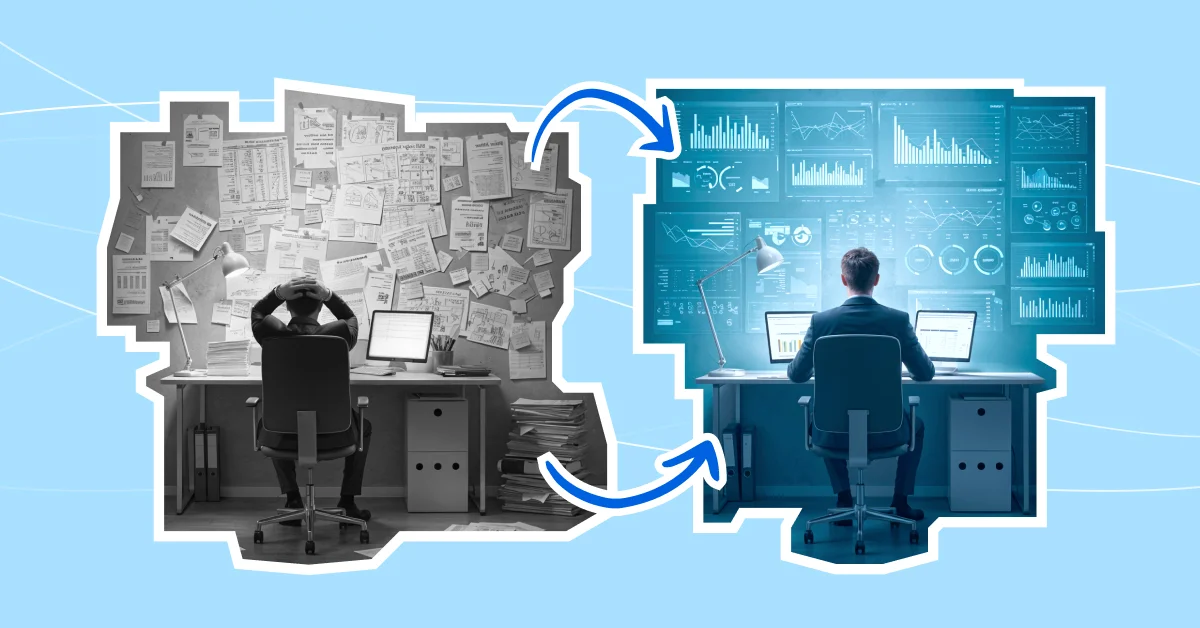 A visual comparison of an office using traditional forecasting (messy) and an office using AI solutions (organized) A visual comparison of an office using traditional forecasting (messy) and an office using AI solutions (organized)
