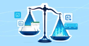 An image of symbolic scales with the side holding AI tools outweighing the side with traditional demand forecasting methods