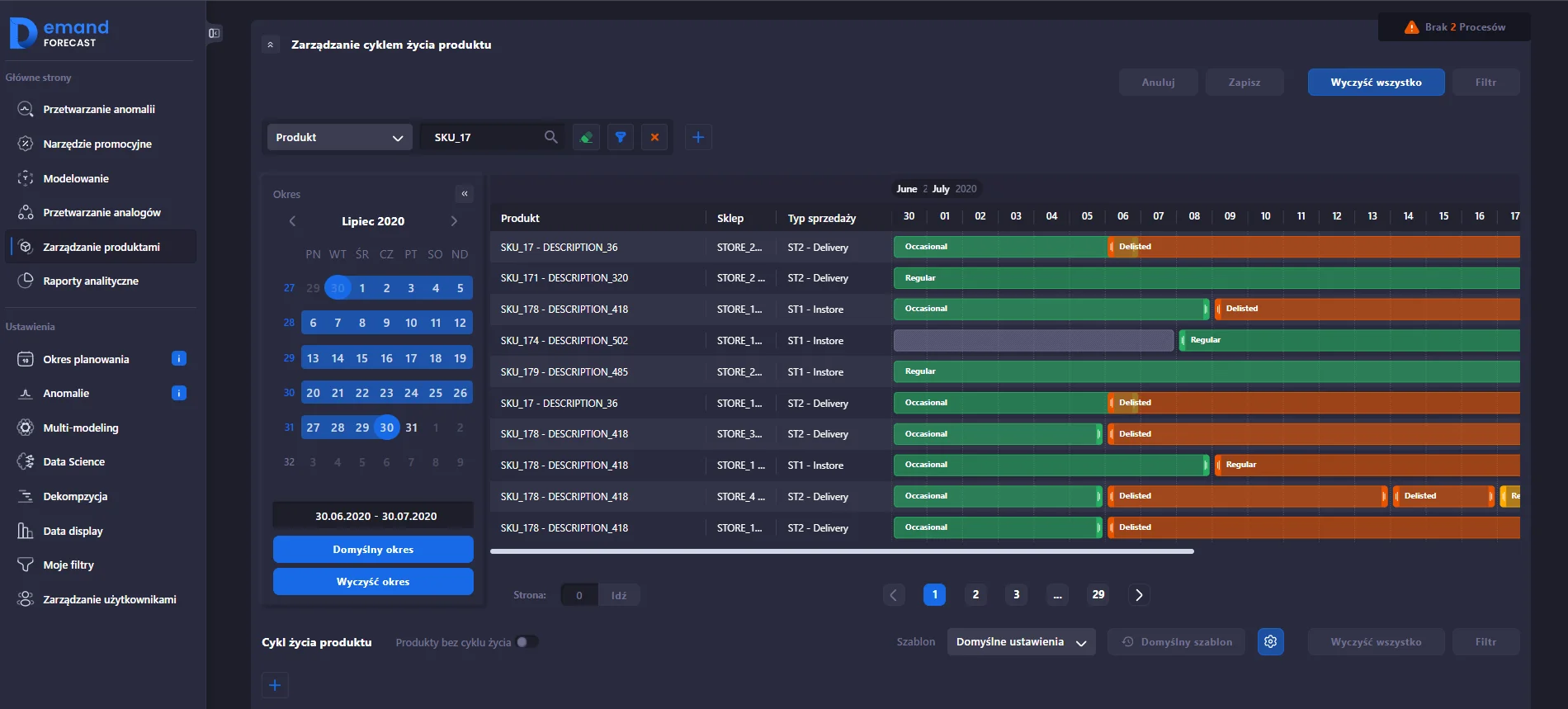 Zrzut ekranu interfejsu zarządzania asortymentem w SMART Demand Forecast